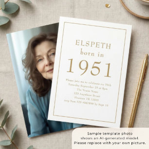 Invitación Nacido en 1951 Texto Dorado Foto Cumpleaños 75