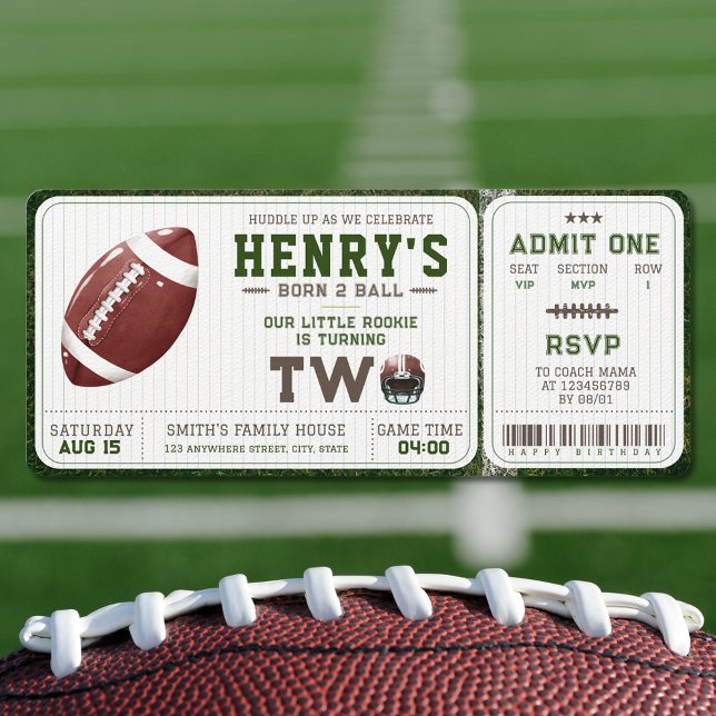 Invitación Nacido en 2 Ball 2 cumpleaños del fútbol americano (Born 2 Ball 2nd Birthday 
Invitation Football Sports Themed Ticket Unique)