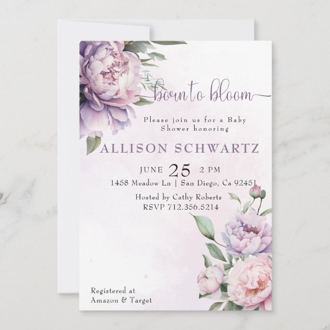 Invitación Nacido en Baby Shower morado floral (Anverso)