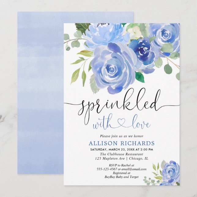 Invitación Nacido floral azul y blanco (Anverso / Reverso)