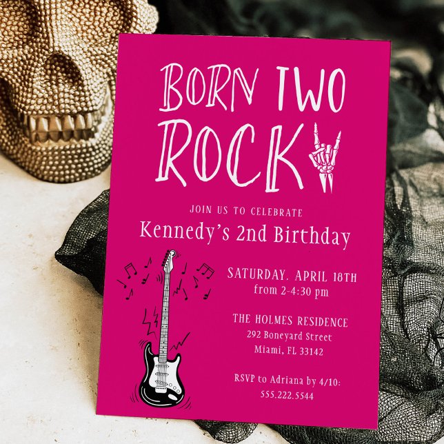 Invitación Nacido Hot Pink Dos Guitarra Rock Segundo Fiesta d (Subido por el creador)