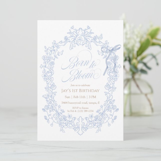 Invitación Nacido para florecer Cumpleaños Floral Azul (Anverso de pie)