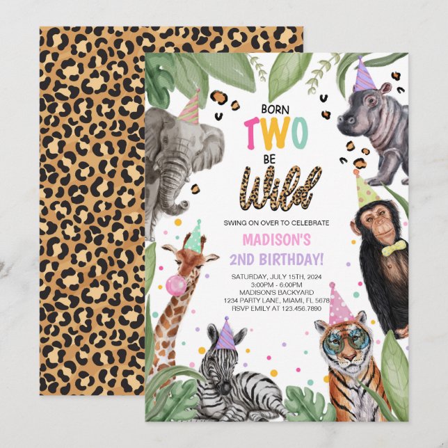 Invitación Nacidos dos dos sean salvajes Safari segundo cumpl (Anverso / Reverso)