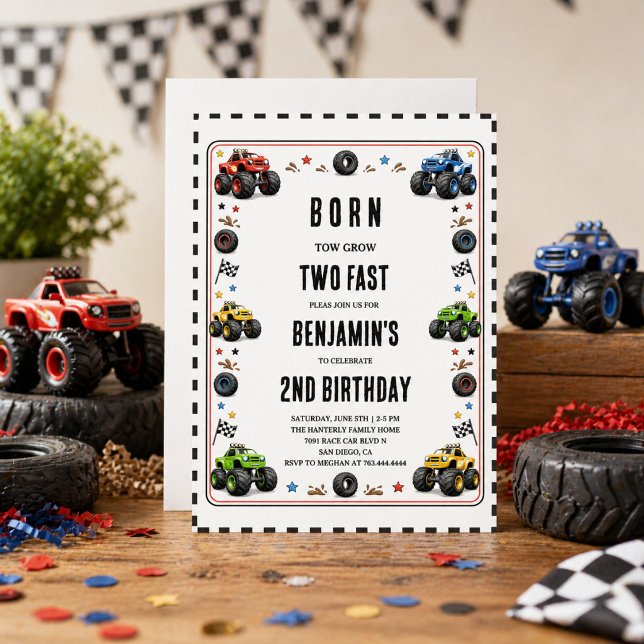 Invitación Nacidos para Crecer Dos Camiones Monstruo Rápidos  (Born to Grow Two Fast Monster Trucks 2nd Birthday Invitation
)