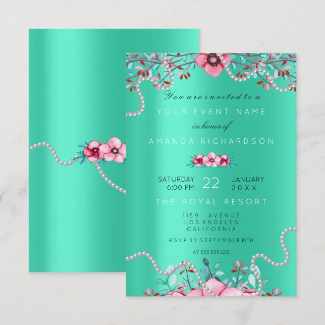 Invitación Nacimiento 16.ª Bridal Floral Perlas formales Mint (Anverso / Reverso)