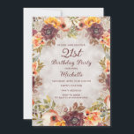 Invitación Nacimiento 21 de las mujeres borgoñonas de la Nara<br><div class="desc">Elegante rust burdeos,  naranja y color crema floral y follaje de las mujeres de 21 años de fiesta. Diseñe sus invitaciones para cualquier edad.</div>