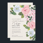 Invitación Nacimiento 21 de una mujer pastel de color blanco<br><div class="desc">Invitación a la fiesta de cumpleaños número 21 de una mujer pastel rosa y blanca floral / botánica. Póngase en contacto con nosotros para obtener ayuda sobre la personalización o para solicitar productos coincidentes.</div>