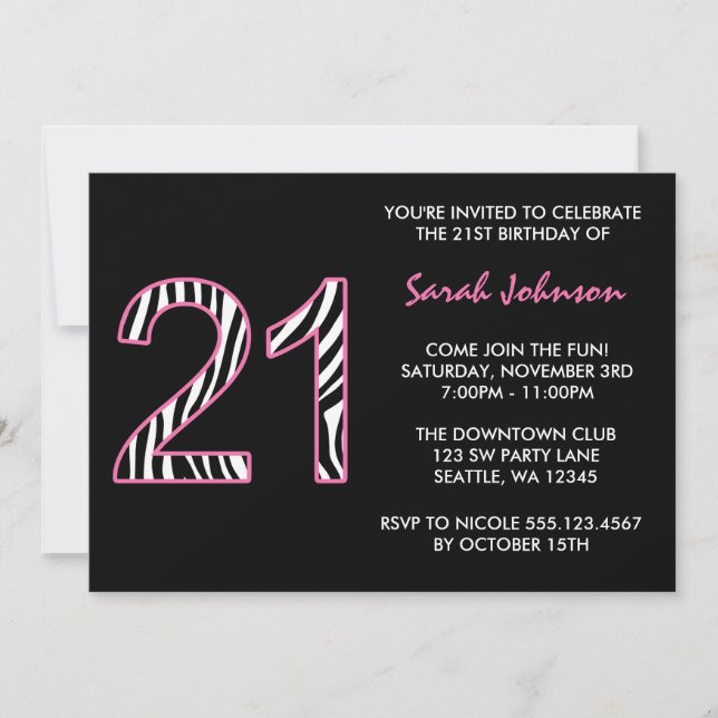 Invitación Nacimiento 21 negro y rosa cebra (Anverso)
