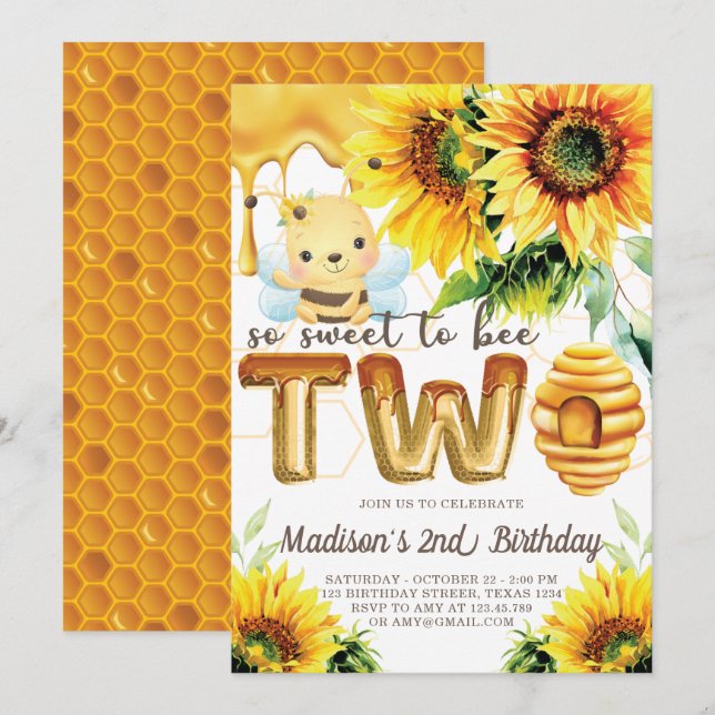 Invitación Nacimiento Abeja Jugamiento de girasol segundo cum (Anverso / Reverso)