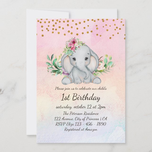 Invitación Nacimiento acuático Elefante bebé y flores Primer  (Anverso)