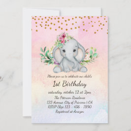 Invitación Nacimiento acuático Elefante bebé y flores Primer 