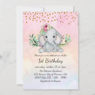 Invitación Nacimiento acuático Elefante bebé y flores Primer