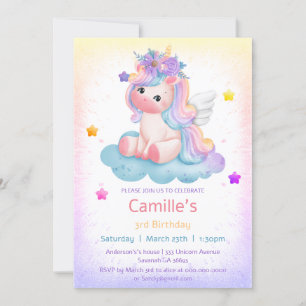 Invitación Nacimiento adorable de unicornio florido arco iris