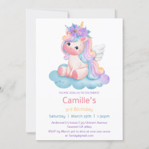 Invitación Nacimiento adorable de unicornio florido arco iris