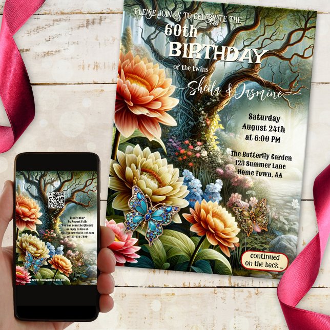 Invitación Nacimiento artístico del Twin Garden florístico bo (Boho adult birthday party invitation featuring an artistic garden design with colorful flowers)