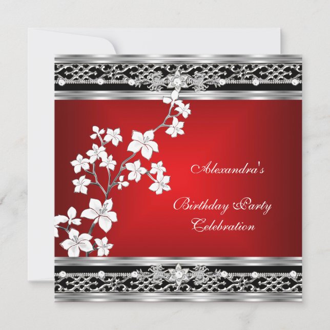Invitación Nacimiento Asiático Red Black Floral Silver Blanco (Anverso)