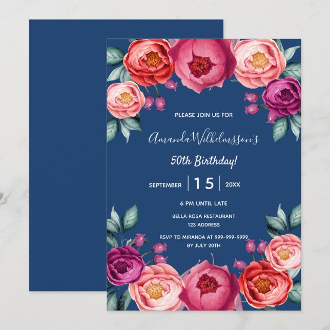 Invitación Nacimiento azul marino floral rubor rosa púrpura (Anverso / Reverso)