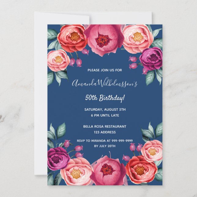 Invitación Nacimiento azul marino rosa oro rubor rosa floral (Anverso)