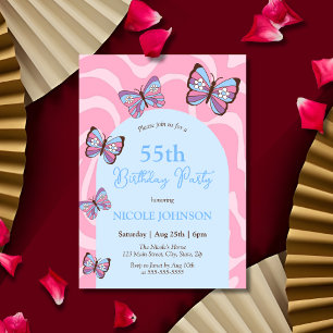 Invitación Nacimiento azul rosa de mariposa de ola retro