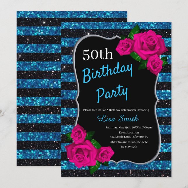 Invitación Nacimiento Bandas Azules Negras Purpurina Rosas Ro (Anverso / Reverso)