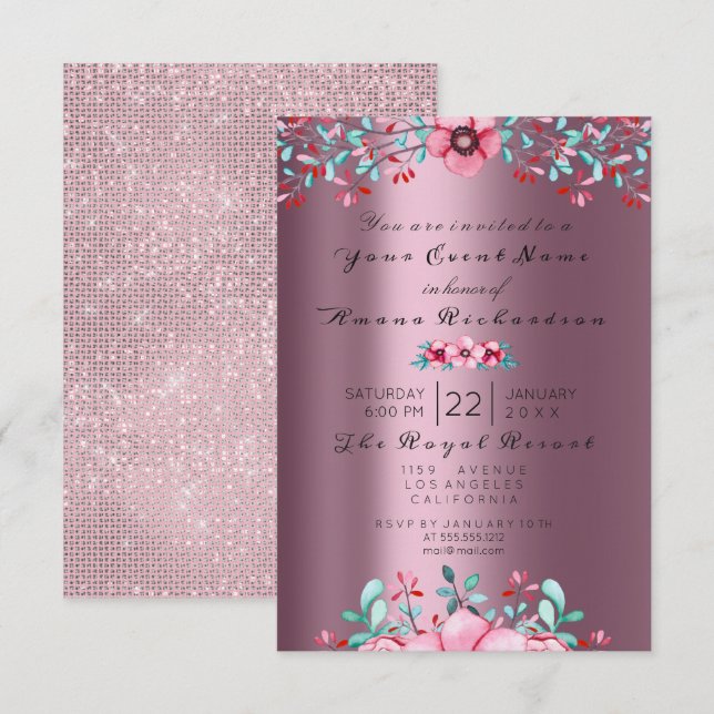 Invitación Nacimiento Bridal Floral Bohemian Eggplant Sparkly (Anverso / Reverso)