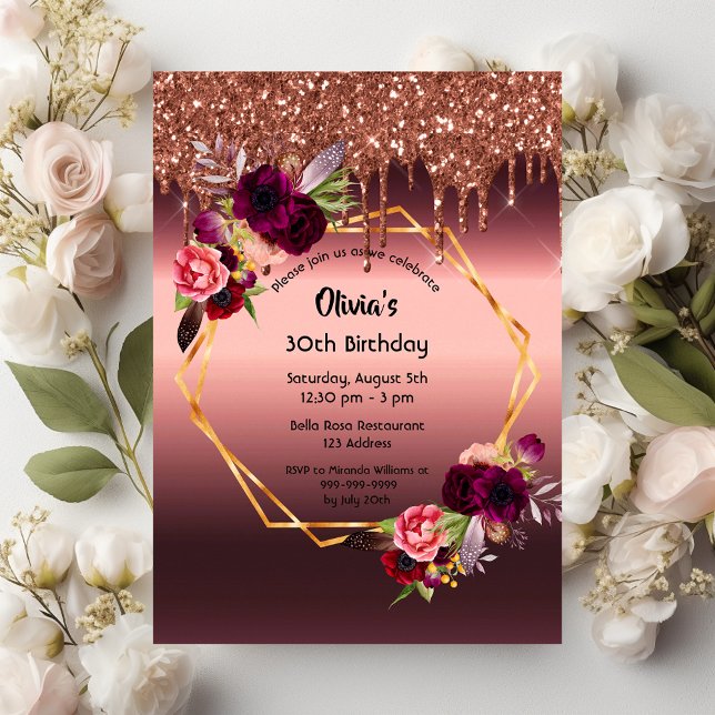 Invitación Nacimiento burgundy florals purpurina geométrico (Subido por el creador)