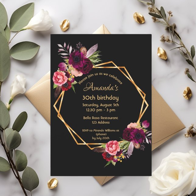 Invitación Nacimiento burgundy negro oro floral geométrico (Subido por el creador)