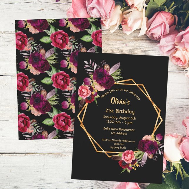Invitación Nacimiento burgundy oro floral geométrico negro (Subido por el creador)