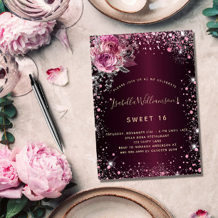 Invitación Nacimiento burgundy purpurina rosa floral glamoros