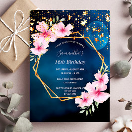 Invitación Nacimiento cielo azul estrellas oro geo rosa flora