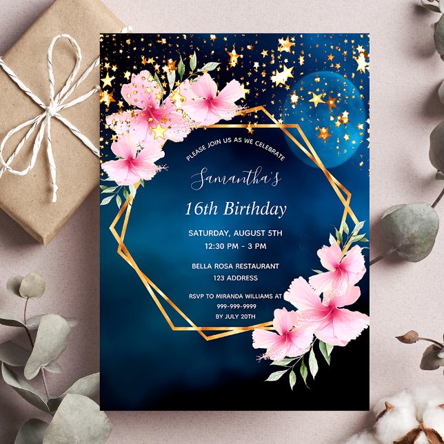 Invitación Nacimiento cielo azul estrellas oro geo rosa flora (Subido por el creador)