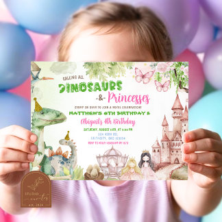 Invitación Nacimiento conjunto del Chica Princesa y Dinosauri