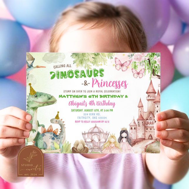 Invitación Nacimiento conjunto del Chica Princesa y Dinosauri (Subido por el creador)