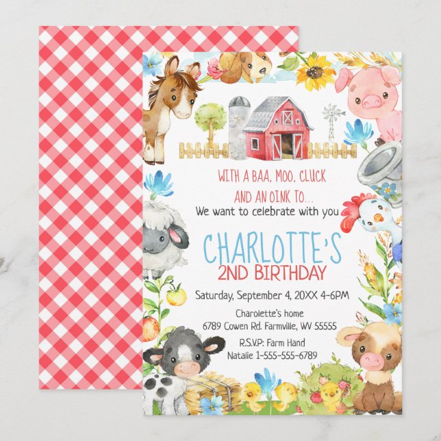 Invitación Nacimiento de animales de la granja Barnyard (Anverso / Reverso)
