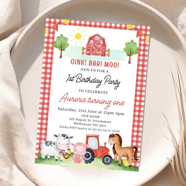 Invitación Nacimiento de animales de la granja de granos rojo (Girls Red Farm Birthday Birthday Invitation, Barnyard Animals, Farm Birthday Invite, Red Tractor)