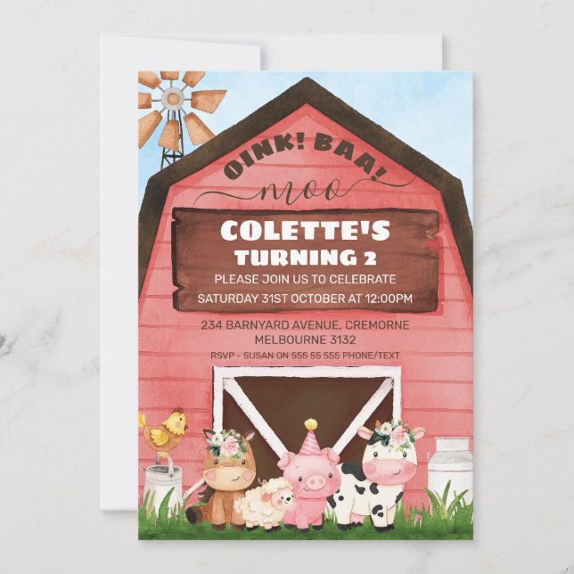 Invitación Nacimiento de animales de la granja Red Barn Oink  (Anverso)