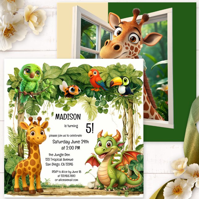Invitación Nacimiento de animales de la jungla de Safari Cute (Fun birthday invitation for children with a jungle or safari theme)