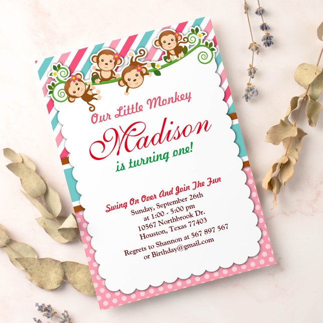 Invitación Nacimiento de animales de mono de jungla rosa Safa (Subido por el creador)