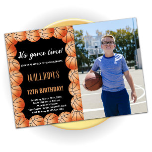 Invitación Nacimiento de Baloncesto de Naranja Negro con foto