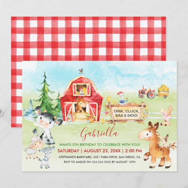 Invitación Nacimiento de Barnyard y animales de granja (Anverso / Reverso)
