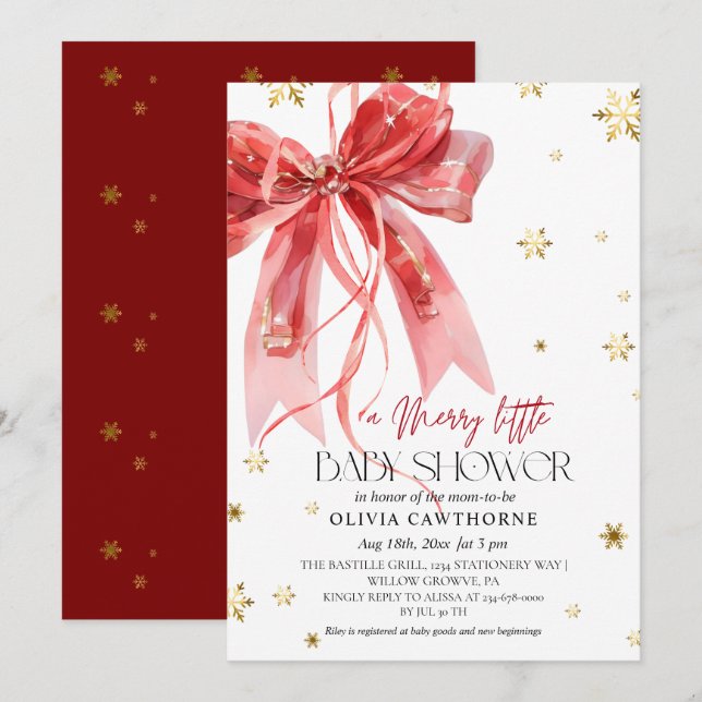 Invitación Nacimiento de bebé con lazo rojo de Navidad de inv (Anverso / Reverso)