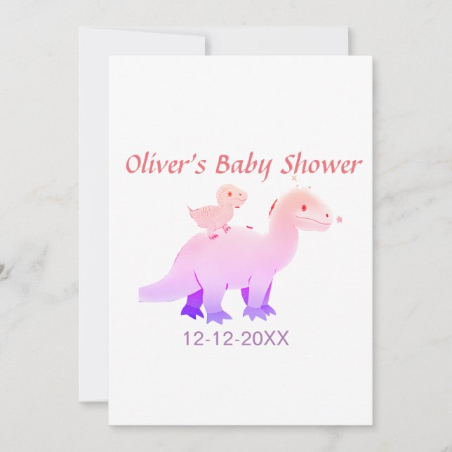 Invitación Nacimiento de bebé de dinosaurio azul rosa rojo (Anverso)