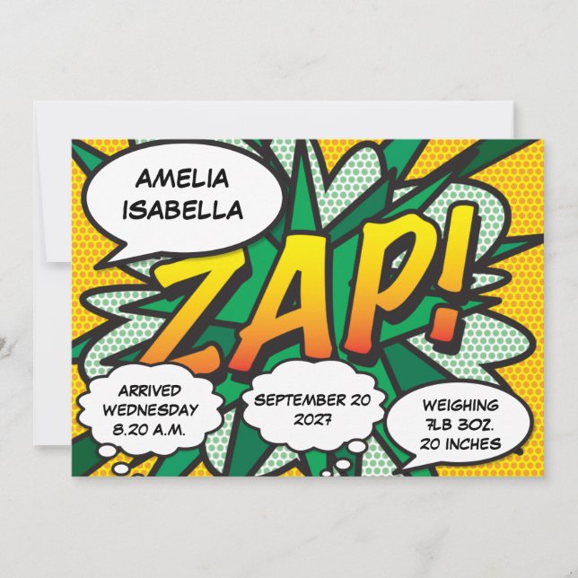 Invitación Nacimiento de bebé Estadísticas de historieta libr (Anverso)