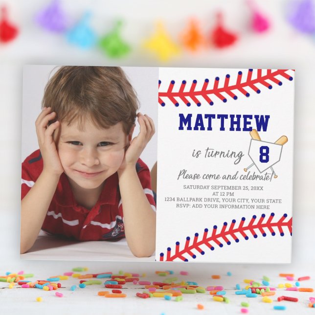 Invitación Nacimiento de Béisbol Fiesta de Deportes Boy Photo (Boy Photo Sports Party Baseball Birthday Invitation)