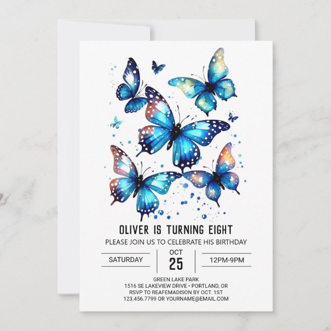 Invitación Nacimiento de Blue Boho Butterfly Boy (Anverso)