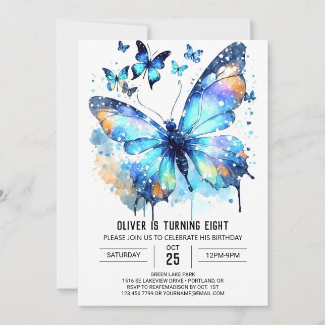 Invitación Nacimiento de Blue Watercolor Butterfly Boy (Anverso)