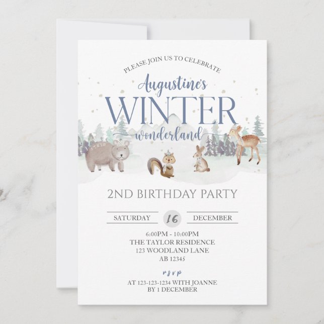 Invitación Nacimiento de Blue Winter Wonderland, cumpleaños n (Anverso)