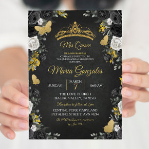 Invitación Nacimiento de Charra Mexicana Negra y Oro Mis XV A
