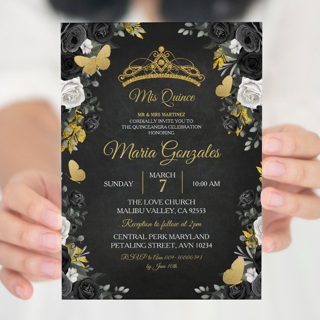 Invitación Nacimiento de Charra Mexicana Negra y Oro Mis XV A (Subido por el creador)