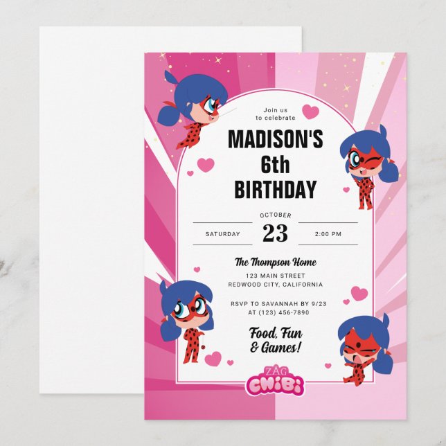 Invitación Nacimiento de Chibi de Ladybug Milagroso (Anverso / Reverso)